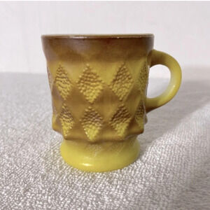 Vintage Anchor Hocking  Fire King Yellow Brown Textured Diamond Kimberly Mug